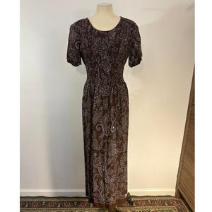Coldwater Creek Brown Paisley Maxi Dress Sz 12 Shoulder Pads Ruched Cottage EUC